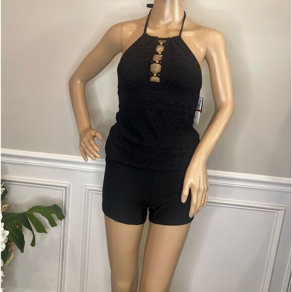 NWT Salt + Cove black cutout Crochet High-Neck Tankini Top, Created for Macy's - Picture 3 of 5